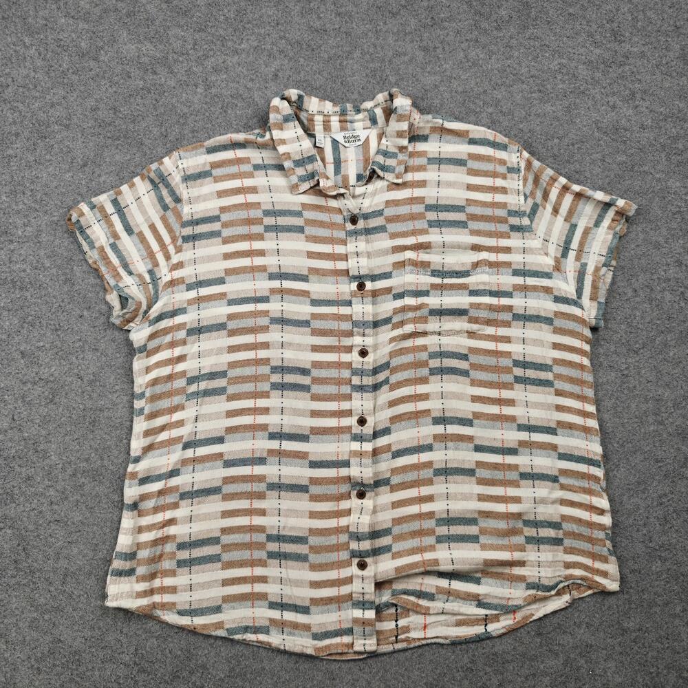 Bridge & Burn Button-Up Womens XL White Plaid Short Sleeve Light Modal Linen